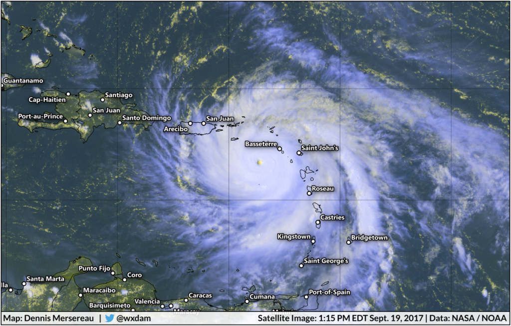 A satellite image of Hurricane Maria in the Caribbean Sea on September 19, 2017.