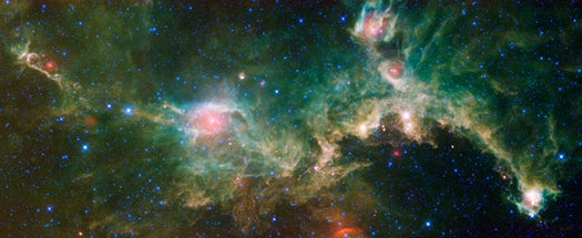 This mosaic of WISE images portrays the sweeping beauty of the Seagull Nebula, a stellar cloud about 3,800 light years away that is one of the Milky Way's many star birthing regions.