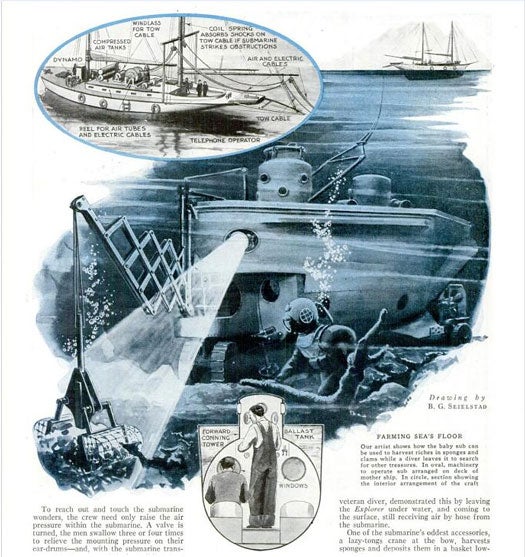 Simon Lake, famed American submarine builder, spent years working with the Austro-Hungarian Navy, the Imperial Russian Navy, and the U.S. Navy. In addition to making military contributions, he worked on the 22-foot <em>Explorer</em>, a "baby submarine" designed for undersea farming and exploration. Above the surface, the <em>Explorer</em> resembled a "pair of milk cans on a raft," but when submerged, it could actually harvest $3,000 to $4,000 worth of sea sponges, clams, and pearl oysters per acre. Not bad for a four-wheeled pleasure craft incapable of working independently from its mother ship. Onto the specs: the <em>Explorer</em> could descend 300 feet while tethered to a 500-foot cable, could accommodate a crew of two men and two passengers, and received air from a hose attached to the mother ship. Occupants would communicate with the surface by telephone. It drove along the ocean bottom using 30-inch iron wheels. Unlike its more conventional counterparts, the <em>Explorer</em> came with a crane for harvesting and depositing sea sponges into a large basket lowered into the ocean. Propellers near the front wheels would gather oysters by gently sifting the mud beneath them, thus preventing damage to their shells. Read the full story in ["Midget Sub to Seek Riches on Sea's Floor"
