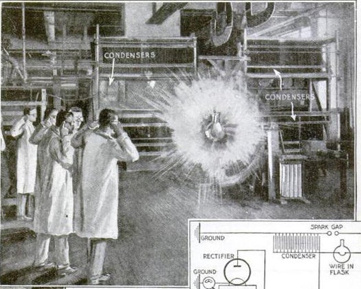 This half-terrifying, half-hilarious illustration from 1922 shows scientists at the University of Chicago accomplishing the "transmutation of elements," or decomposing atoms of tungsten into helium and other elements. The ability to explode an atom offered scientists so much power that "transmuting lead into gold becomes of trivial significance." In fact, with atomic energy, "a new industrial era can be pictured that makes the coal age seem medieval indeed." Ah, yes, that primitive era when we used coal. Read the full story in Science, in Newest Feat, Explodes Atom.