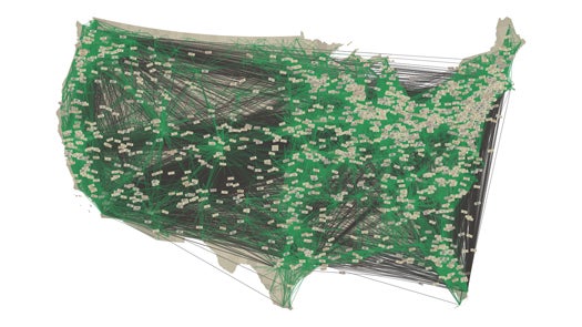 Also a first place finisher in the non-interactive media category, this video trances the flow of money throughout the continental US using data from the website <em>Where's George</em>. By visualizing the movement of $1 bills, the directors reveal how money, not arbitrary municipal boundaries, define the limits of communities in America.