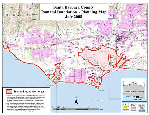 Newly created tsunami inundation maps for Santa Barbara, California, show the city's "wet line" in red, representing the highest probable tsunami runup modeled for the region added to average water levels at high tide. The inset shows the location of the area within Santa Barbara County.