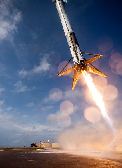 This <a href="https://www.flickr.com/photos/spacexphotos/17369785125/">high-resolution image</a> of SpaceX's Falcon 9 shows a different angle of the landing--and how incredibly close they were to landing successfully. Last month, the rocket landed on a drone ship in the Atlantic Ocean, but then <a href="https://www.popsci.com/video-shows-just-how-close-spacex-got-landing-its-rocket/">tipped over at the last second</a>. You'll get 'em next time, SpaceX!