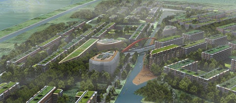 Centered around South Canal, this area of Dongtan will feature full-grown trees from already-built nurseries. Integrated wind turbines will provide electricity and low-rise compact buildings will be used for offices, institutions and residences. Water taxis running through the canal will carry people from Shanghai's mainland and then around Dongtan itself.