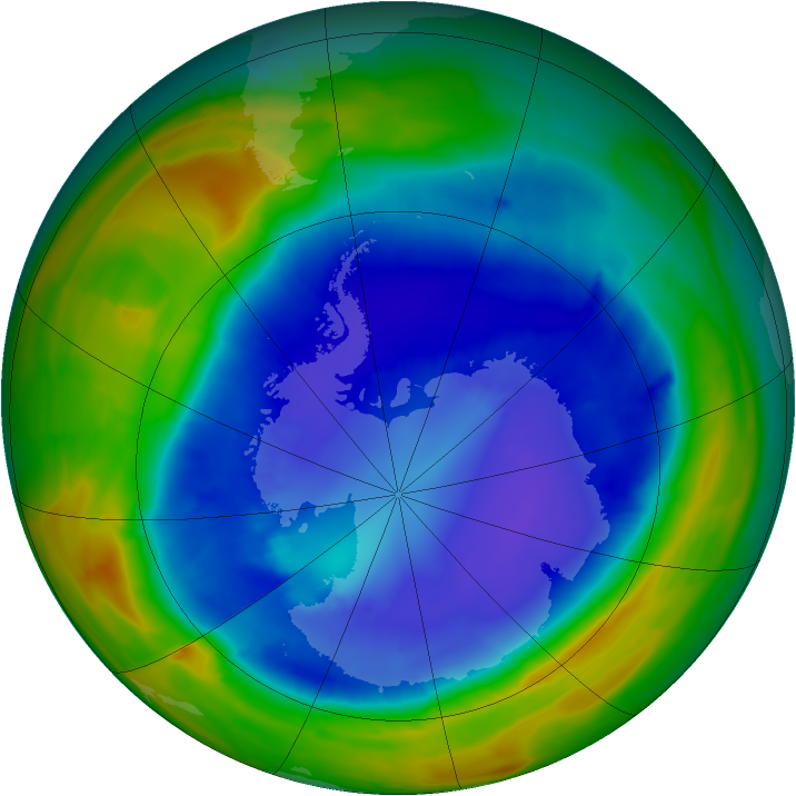 In this false-color image of total ozone over the South Pole on September 8, 2014, blues and purples are areas of least ozone, and yellows and reds show where the ozone layer is thickest.
