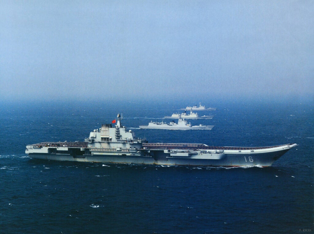 China aircraft carrier Liaoning Type 052C at sea on a naval exercises with other Chinese warships