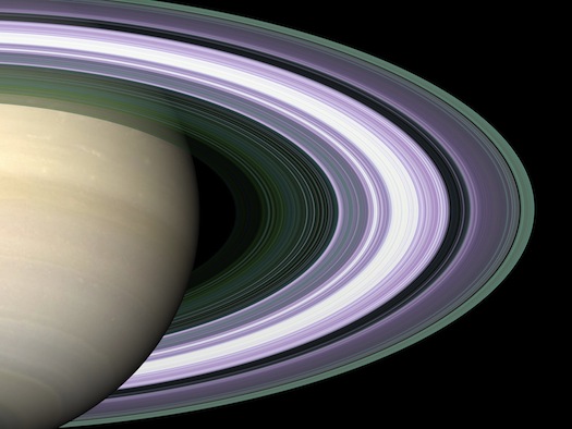 Saturn's ring system was captured here using an advanced image-processing technique that allowed scientists to observe the varying densities of the icy particles.