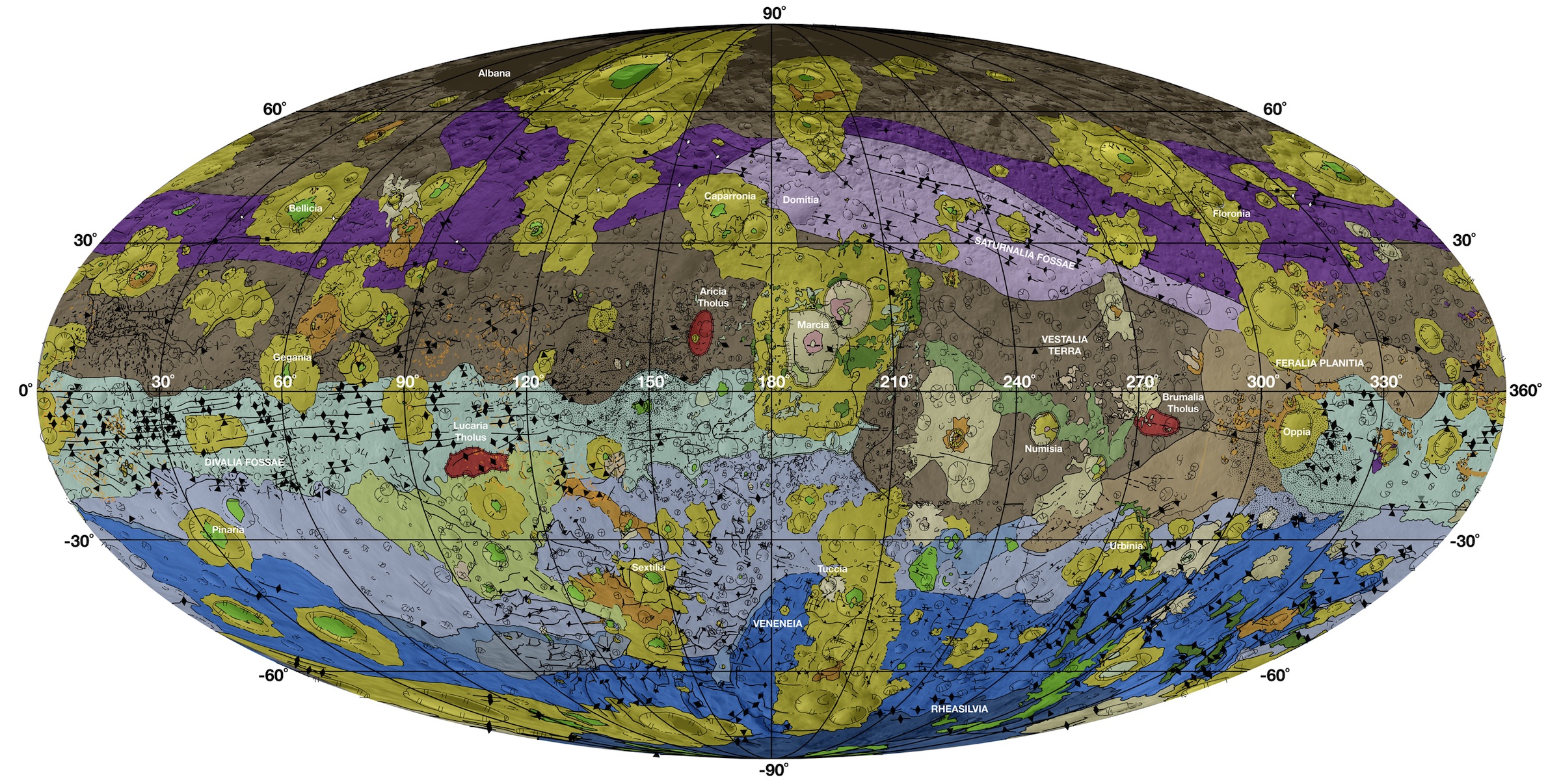 geologic map of Vesta's surface in bright colors