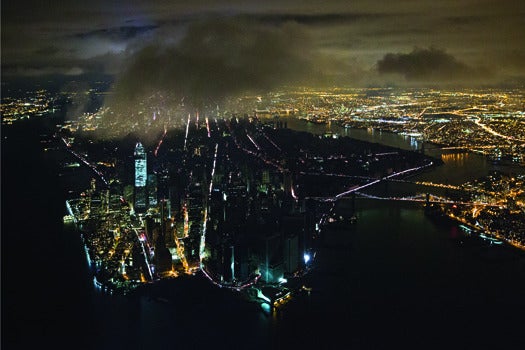 NEW YORK, NY - NOVEMBER 1: (EXCLUSIVE COVERAGE - PREMIUM RATES APPLY) Aerial view shot at night shows Manhattan in the aftermath of superstorm Sandy, including the blackout from the powercut south of 39th street on October 31- November 1, 2012 in New York City. (Photo by Iwan Baan/Getty Images)