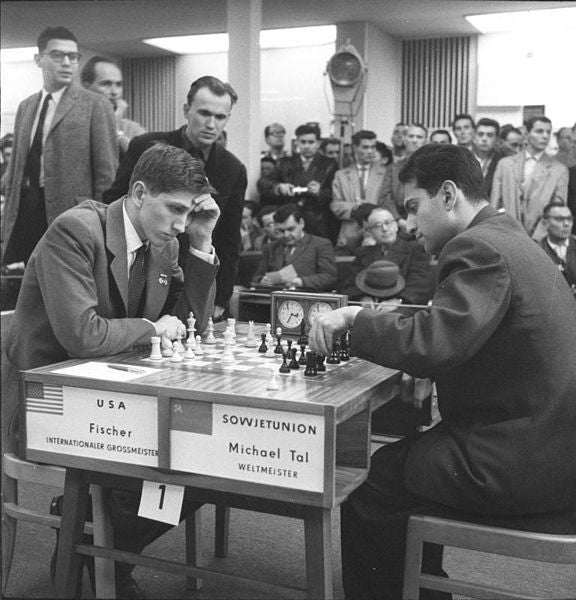 Legendary chess player Bobby Fischer playing Mikhail Tal in 1960. Academics still argue about how important practice is for attaining elite levels of success in various fields.