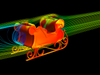 The blue lines indicate a negative velocity, meaning there's a region of high drag behind the sleigh