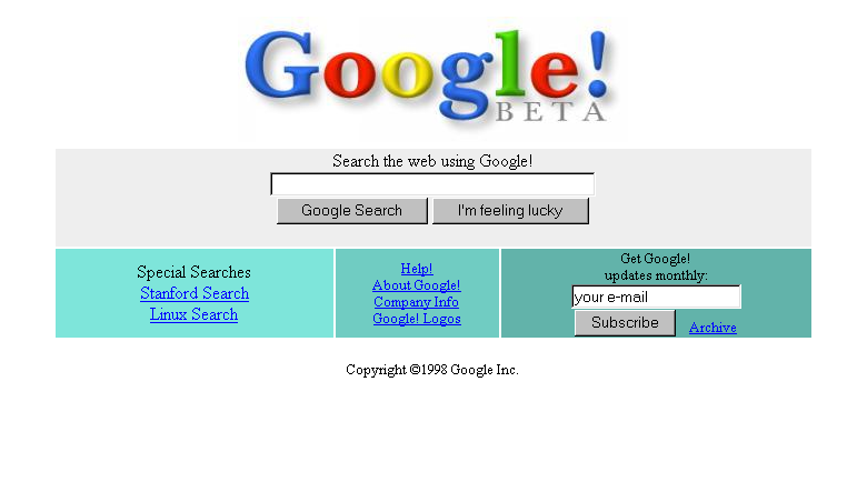 <strong>1989:</strong> English computer scientists Tim Berners-Lee creates the World Wide Web. <strong>1991:</strong> The Virtual Library, the first systematic catalog of the Web, is created. <strong>1994:</strong> Jerry Yang and David Filo create a hierarchical directory of the Web: Yahoo. <strong>1996:</strong> Brewster Kahle founds the Internet Archive to begin systematically capturing and preserving Web pages. <strong>1998:</strong> Google [pictured, from its 1998 launch] launches. The text-based searching era begins. <strong>1998:</strong> The Sloan Digital Sky Survey systematically maps every visible object in the astronomical universe. <em><a href="http://www.wolframalpha.com/docs/timeline/">Content courtesy of Wolfram|Alpha</a></em>