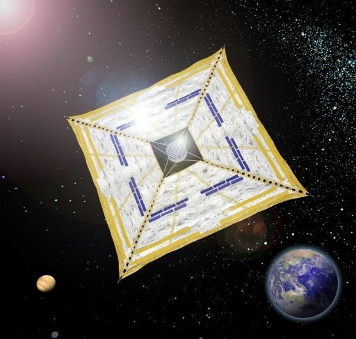 This rendering provided by JAXA depicts what Ikaros might look like cruising the cosmos with its sail unfurled.