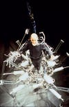 Stelarc, an Australian performance artist who uses technology to make statements about society, shows up in Hamburg, Germany, with the human-steered, spider-like "Walking Machine."