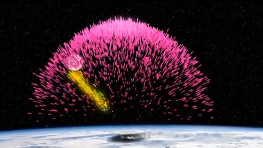 In this visualization of dark lightning, which is actually invisible, gamma rays are shown in pink. Highlighted in yellow are subatomic particles called positrons that the Fermi Gamma Ray Space Telescope detected from this dark lightning flash. The Earth is below and the moon appears behind the pink gamma rays.
