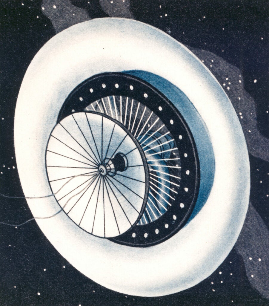 Austrian Herman Noordung's 1929 concept for a toroidal space station that would generate artificial gravity by spinning.