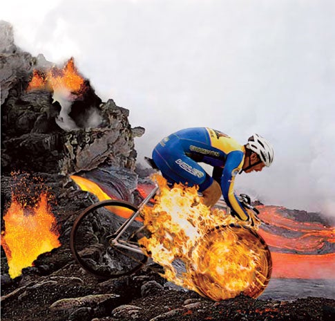 Cyclist burned by lava with his bike on fire