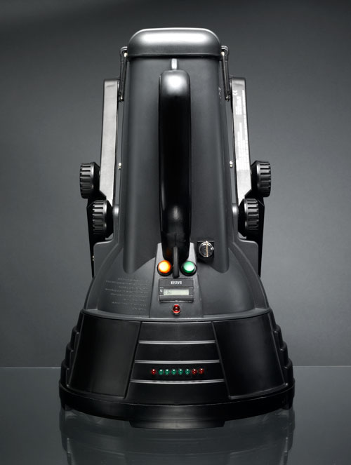 The top view of Ralf Ottow's Maxablaster, a huge black flashlight.