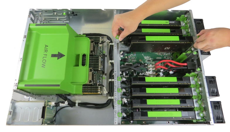 Facebook has open-sourced their artificial intelligence server design, called Big Sur. The unit is color coded for easy hardware swaps—anything that's green is safe to touch.