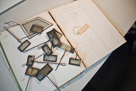 A minuscule sample of Harvard's immense collection of astronomical notes, drawings, and negatives, many of which date back to the 19th century. The logbook here describes some of the plate contents. Books like this sat at each telescope, and the observers recorded information about each exposure, Doane says. "The challenge with that, because it can be this old Edwardian writing, is to get that turned into something that is typed," she says. "It's a financial challenge as well as a bit of a technical challenge, because you need to understand a bit of what you are doing."