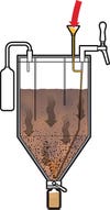 Once the beer is chilled to 42ºF, brewers add a clarifying agent, which causes the yeast to drop into a collection jar at the base of the tank. Once the beer is clarified, brewers simply close the tank's lower valve, detach the jar, and dump the yeast down the sink.