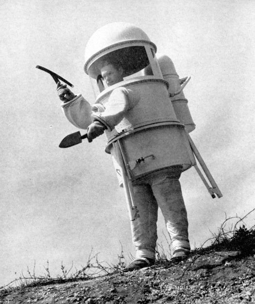 With the onset of the space race in the late 1950s, the U.S. government made huge amounts of money available for aerospace innovation. Moon suit designs poured in, some less than practical that others. This awesome man-can prototype was designed with three extendable legs, so that the astronaut could pull his legs back into the capsule to rest.