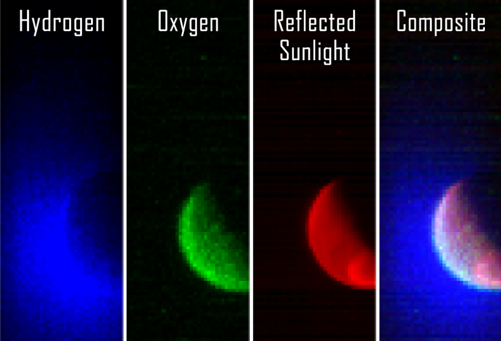 These are MAVEN's <a href="https://www.nasa.gov/content/goddard/maven-spacecraft-returns-first-mars-observations/">first observations</a> of the extended upper atmosphere around Mars, captured just eight hours after the spacecraft successfully entered orbit. The image captures how sunlight scatters from the planet at various wavelengths, with blue depicting how sunlight reflects off hydrogen gas in the upper atmosphere, green depicting how light reflects off oxygen gas closer to the planet's surface, and red showing how light bounces off the planet's surface. Understanding how hydrogen and oxygen escape from Mars' atmosphere will help scientists determine how much water the planet has lost over time.