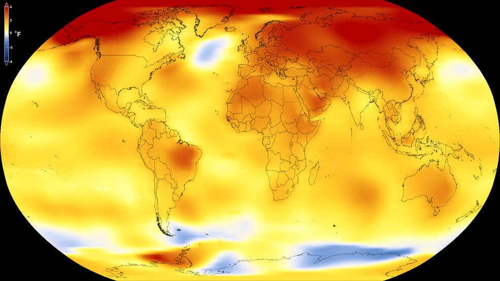 A map from NASA illustrates average global temperature records increasing over time.