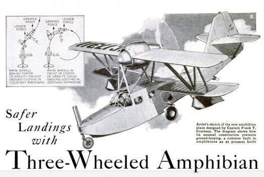 Just three years after publishing his previous article on amphibian landing gear, Captain Frank T. Courtney designed a five-passenger amphibious plane that used a swiveling nose wheel to ease landings. While the average amphibian plane risked tipping forward onto its nose while slowing down on dry land, Courtney's aircraft could perform takeoffs and landings on the ground as smoothly as it did on water. The main wheels' location behind the center of gravity also kept the plane from ground looping, which happens when one of the wheels is caught by an obstacle. The plane could fly at a speed of 151 miles per hour, and on the water, a set of double rudders helped pilots maneuver it to safety. Read the full story in "Safer Landings with Three-Wheeled Amphibian"