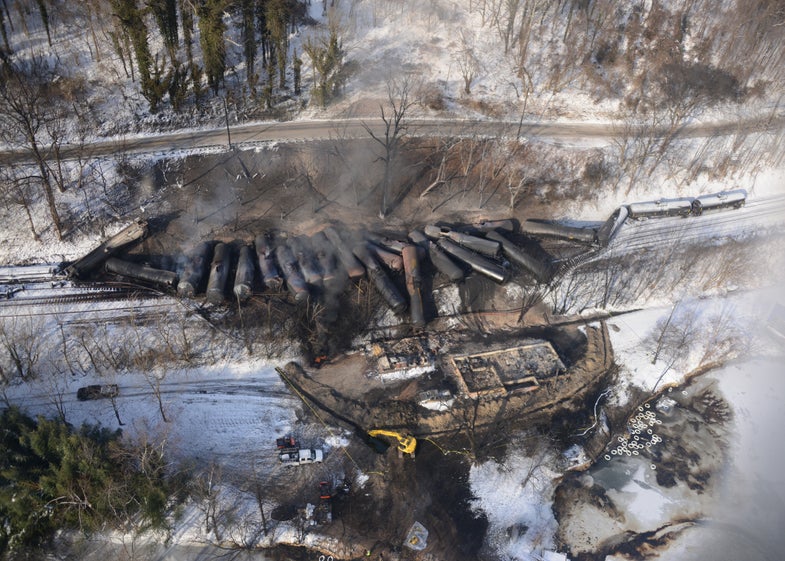 Response crews for the West Virginia train derailment continue to monitor the burning of the derailed rail cars near Mount Carbon next to the Kanawha River, Feb. 18, 2015. The West Virginia Train Derailment Unified Command continues to work with federal, state and local agencies on the response efforts for the train derailment that occurred near Mount Carbon, Feb. 15, 2015. (U.S. Coast Guard photo by Chief Petty Officer Angie Vallier)