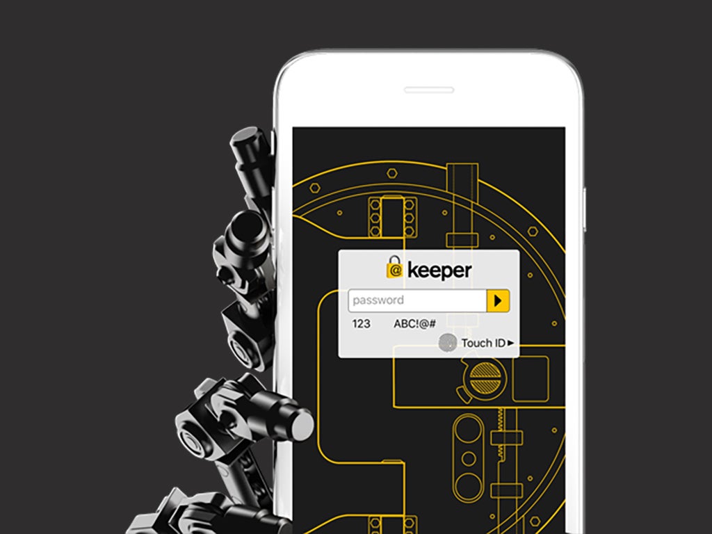 A stylized image of a phone on a black background, with a Keeper password input box on the screen.