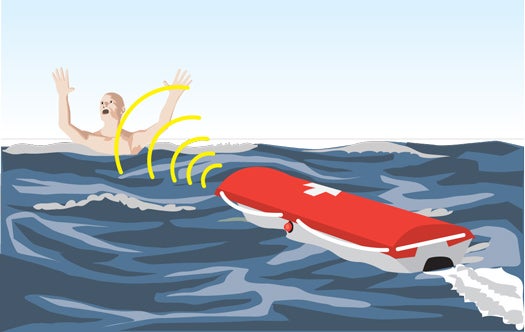 EMILY's sonar finds a distressed swimmer, and it jets toward him at 28 mph.