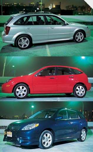 MAZDA PROTEGÉ5 (top)<br />
It looks conventional, but Mazda squeezes gobs of zoom zoom from its small engine. FORD FOCUS ZX5 (middle)<br />
Some in our student focus group thought it was a looker, but more were put off by its unusual design. TOYOTA MATRIX XRS (bottom)<br />
With edgy styling, a 180-horsepower engine, and a six-speed manual, the Matrix took best-in-class honors.