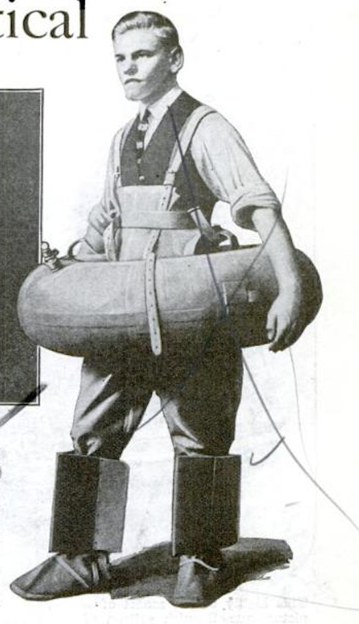 Finally, a practical flotation device: "A combination of inflated tire, rubber trousers, slippers, and leg paddles makes up this ingenious life-preserver, in which ... one can sit comfortably in the water until rescued." The contraption even keeps your dapper outfit dry. Read the full story in New Life-Preserver.