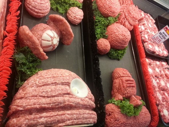 The folks behind the Tumblr <a href="http://epicgrinds.tumblr.com/">Epic Grinds</a> collect photos of stuff made out of meat because, uh, no idea. Hard to look away, though. Here is <em>Star Wars</em>. You can see more <a href="http://epicgrinds.tumblr.com/">here</a>, I guess?