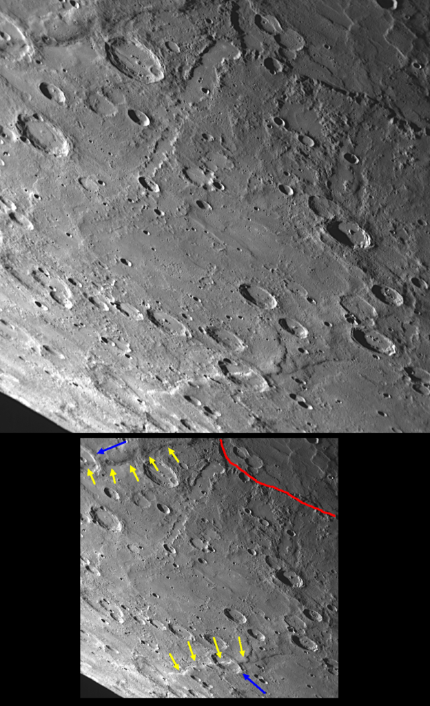 The large Rembrandt impact basin was discovered during <em>Messenger</em>'s second Mercury flyby. A portion of the rim of that basin (outlined in red) is visible at top right in this high-resolution image from the third flyby. Two scarps (cliffs) can also be identified in this image (yellow arrows). Both scarps cut across craters that have been deformed by the faulting that produced the scarps (blue arrows). Because this area of Mercury's surface was imaged during both <em>Messenger</em>'s second and third flybys, there is now stereo coverage that enables a three-dimensional visualization of the surface to be constructed.