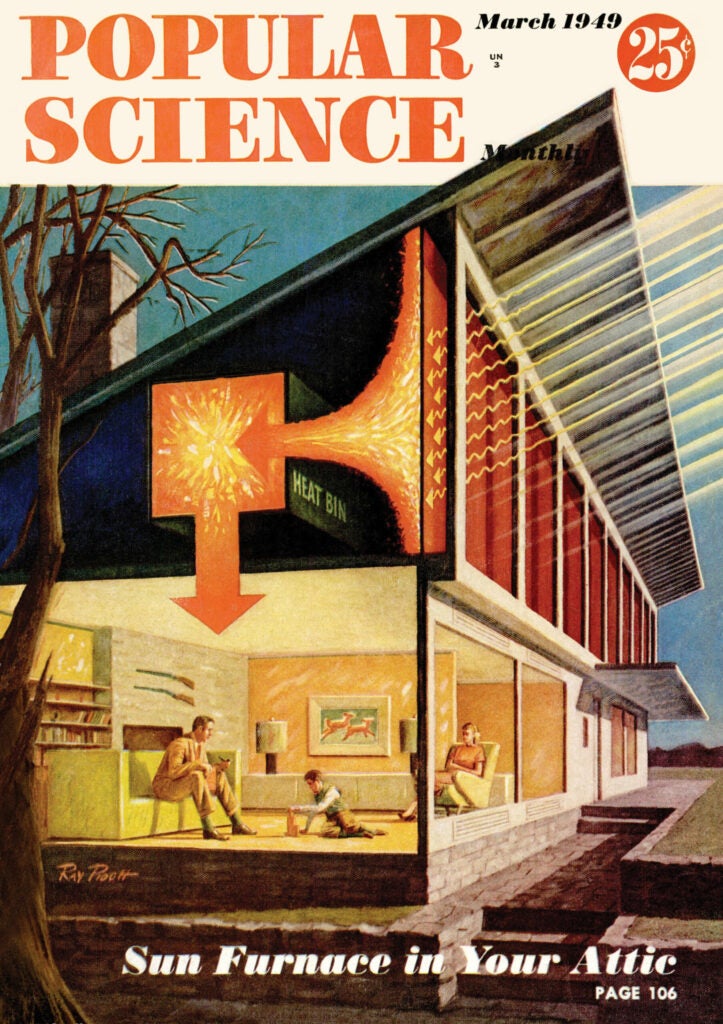 A modern solar-powered house on the cover of the March 1949 issue of Popular Science magazine