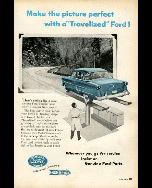 Ford capitalizes on the popularity of "carefree summer trips," emphasizing the need for a tune-up to "travelize" your vehicle (presumably a Ford) before hitting the road. Ask yourself: Is your car in "trip-top" shape?