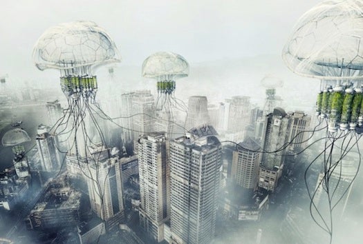 So the jellyfish motif in this design is pretty _War of the Worlds_ish, but this proposal is actually to save the planet. The buildings would absorb and relegate pollutants, turning them into water or fertilizer.