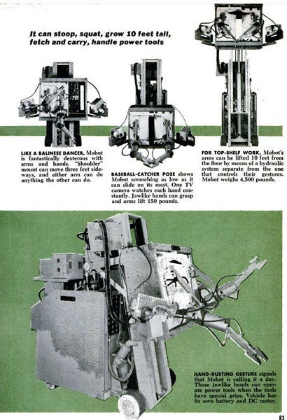 The remote-controlled "Mobot," created by none other than the the Hughes Aircraft Company, was designed to handle irradiated materials. Despite the crudeness of its task, Mobot apparently demonstrated artistic grace. We reported, "Like a Balinese dancer, Mobot is fantastically dextrous with arms and hands." Read the full story in "Marvelous Mobot Will Do Work Too Hot for Man"