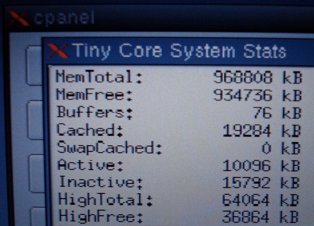 The system stats for Tiny Core Linux.