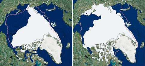 The ice cap last September [left] and October [right], along with the past average ice cover in those months [pink outline]