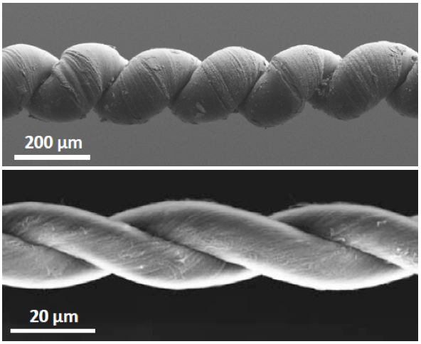 These scanning electron microscope images show a carbon nanotube yarn that has incredible tensile strength. The upper image shows a highly coiled, wax-filled carbon nanotube yarn that maximizes tensile contraction during actuation. The lower image shows a two-ply carbon nanotube yarn that can be deployed as a torsional muscle in a motor.