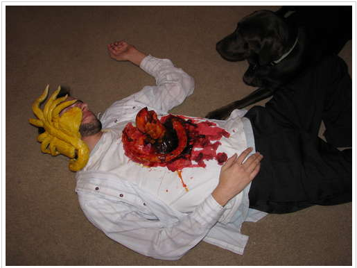 An Alien Chestburster costume, showing a man pretending to be dead on the floor with an alien bursting bloodily out of his chest and a yellow facehugger alien on his face.