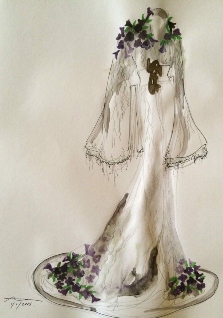 A sketch of a dress decorated in genetically engineered (GMO) petunias