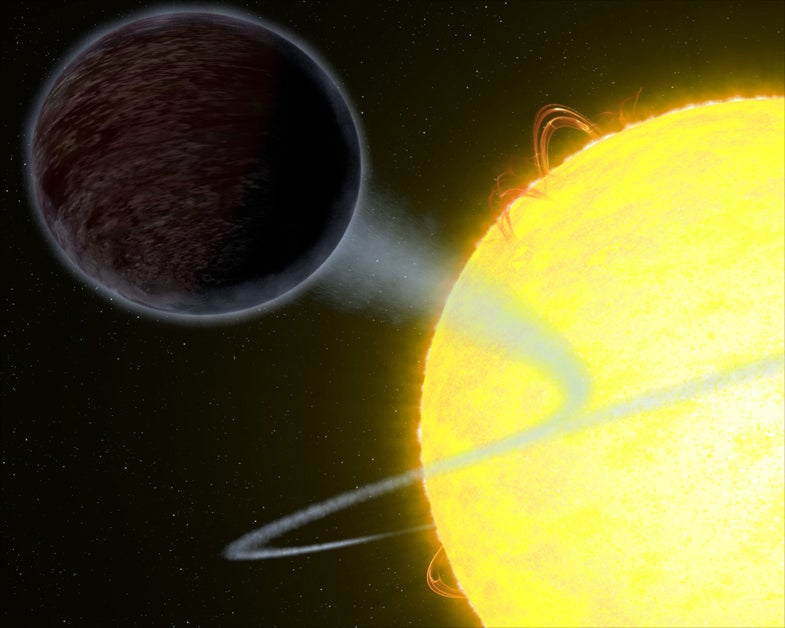 This illustration shows one of the darkest known exoplanets - an alien world as black as fresh asphalt - orbiting a star like our Sun. The day side of the planet, called WASP-12b, eats light rather than reflects it into space. The exoplanet, which is twice the size of Jupiter, has the unique capability to trap at least 94 percent of the visible starlight falling into its atmosphere. The temperature of the atmosphere is a seething 4,600 degrees Fahrenheit, which is as hot as a small star.The day side hordes all the visible light because it always faces its star. The planet orbits so close to its host that it has fixed day and night sides. WASP-12b is about 2 million miles away from its star and completes an orbit once a day. The night side is much cooler, with temperatures roughly 2,200 degrees Fahrenheit, which allows water vapor and clouds to form. A swirl of material from the planet's super-heated atmosphere is spilling onto its star.This oddball exoplanet is one of a class of so-called "hot Jupiters" that orbit very close to their host star and are heated to enormous temperatures.