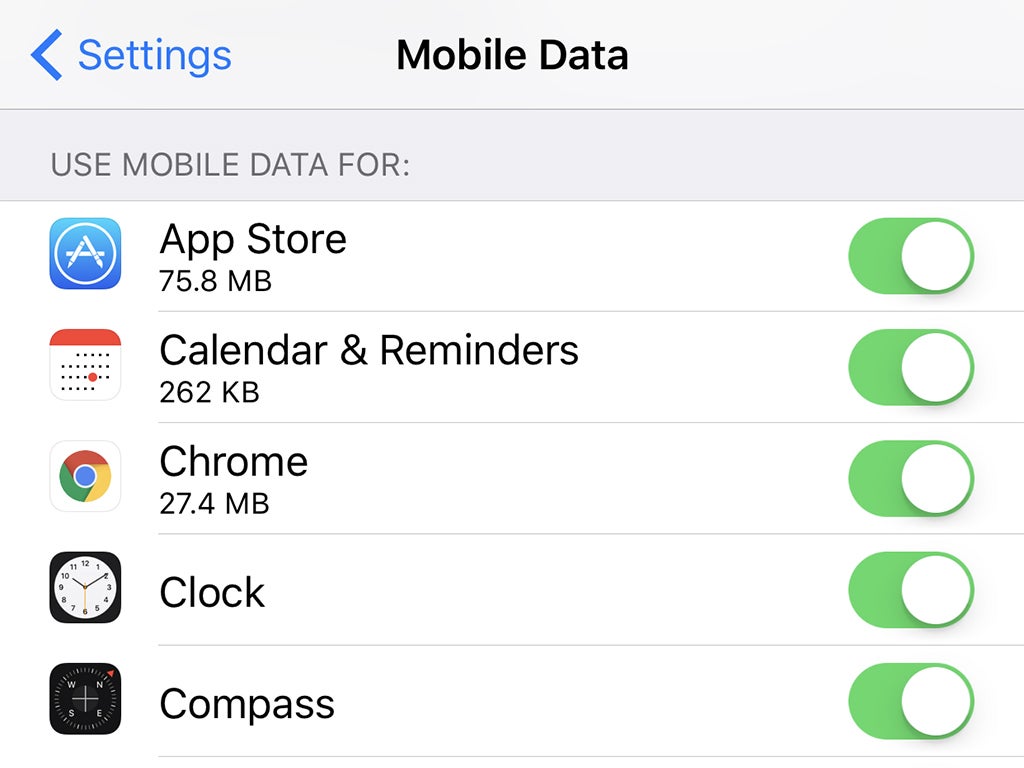 The cellular data settings for individual apps within iOS.