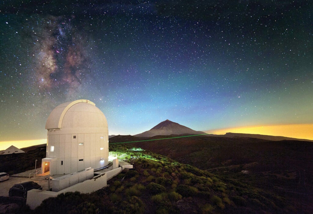 The European Space Agency’s Optical Ground Station on Tenerife in the Canary Islands can communicate via laser with NASA’s newest lunar orbiter. Here, it receives a laser transmission from a telescope on neighboring La Palma island.