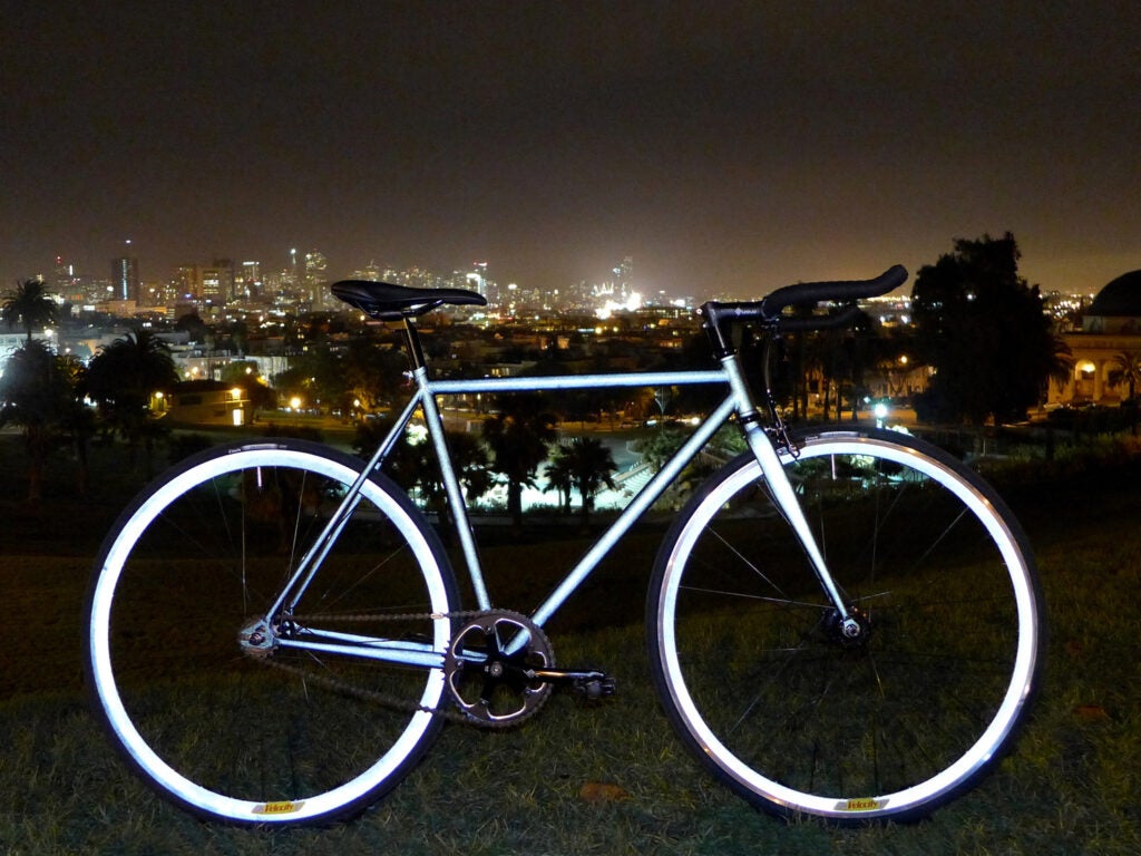 Biking at night means extra accessories—unless you're riding the Lumen. Mission Bicycles worked with reflective-coating company Halo to turn an entire bike frame into a reflector. Like a cat's eye, it looks dark gray until light hits it and bounces it back to its source. <a href="https://www.missionbicycle.com/store/lumen-bike-deposit"><strong>$500</strong></a>
