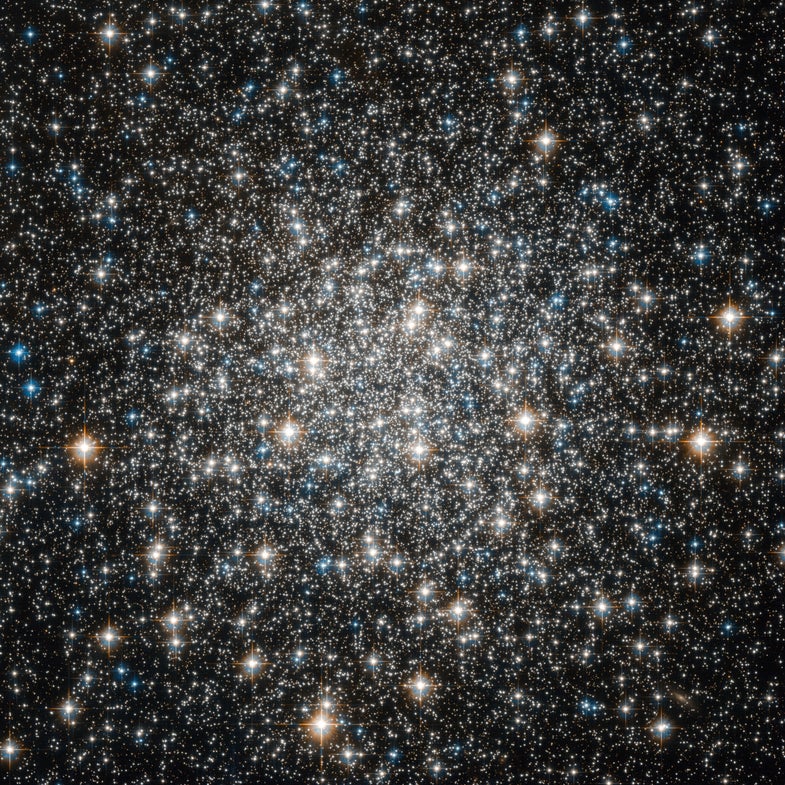 Like many of the most famous objects in the sky, globular cluster Messier 10 was of little interest to its discoverer: Charles Messier, the 18th century French astronomer, catalogued over 100 galaxies and clusters, but was primarily interested in comets. Through the telescopes available at the time, comets, nebulae, globular clusters and galaxies appeared just as faint, diffuse blobs and could easily be confused for one another. Only by carefully observing their motion — or lack of it — were astronomers able to distinguish them: comets move slowly relative to the stars in the background, while other more distant astronomical objects do not move at all. Messier’s decision to catalogue all the objects that he could find and that were not comets, was a pragmatic solution which would have a huge impact on astronomy. His catalogue of just over 100 objects includes many of the most famous objects in the night sky. Messier 10, seen here in an image from the NASA/ESA Hubble Space Telescope, is one of them. Messier described it in the very first edition of his catalogue, which was published in 1774 and included the first 45 objects he identified. Messier 10 is a ball of stars that lies about 15 000 light-years from Earth, in the constellation of Ophiuchus (The Serpent Bearer). Approximately 80 light-years across, it should therefore appear about two thirds the size of the Moon in the night sky. However, its outer regions are extremely diffuse, and even the comparatively bright core is too dim to see with the naked eye. Hubble, which has no problems seeing faint objects, has observed the brightest part of the centre of the cluster in this image, a region which is about 13 light-years across. This image is made up of observations made in visible and infrared light using Hubble’s Advanced Camera for Surveys. The observations were carried out as part of a major Hubble survey of globular clusters in the Milky Way. A version of this image was entered into the Hubble’s Hidden Treasures Image Processing Competition by contestant flashenthunder. Hidden Treasures is an initiative to invite astronomy enthusiasts to search the Hubble archive for stunning images that have never been seen by the general public. The competition has now closed and the results will be published soon.